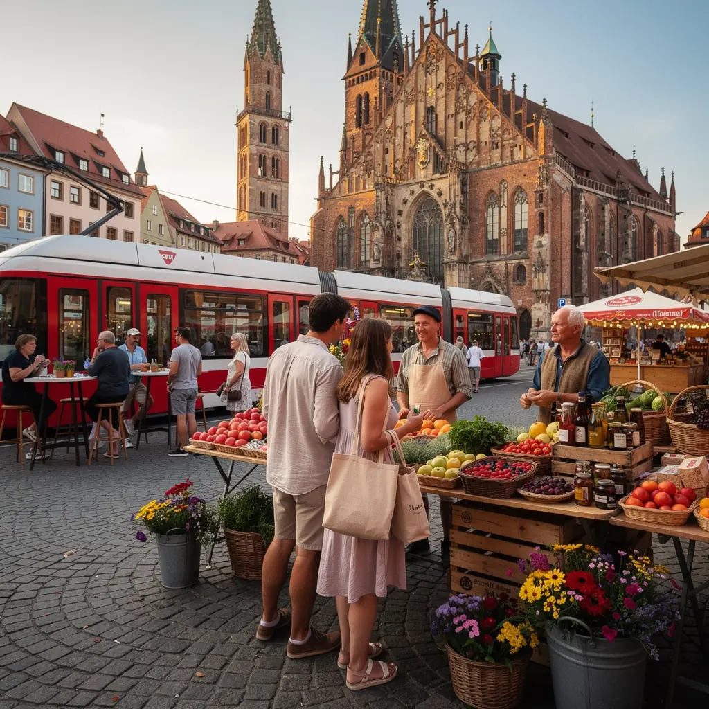 Ein schönes Plätzchen mit einem Brunnen, umgeben von alten Gebäuden und Blumenbeeten.